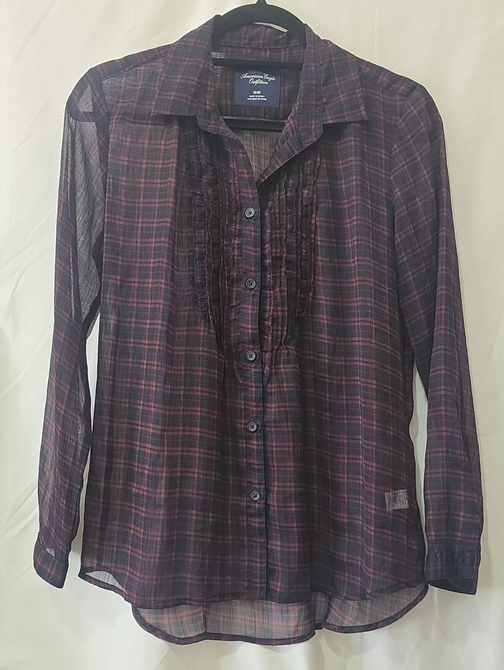 American Eagle Outfitters Burgundy and Black Plaid Button-Down Shirt